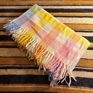 VTG Pastel Plaid Throw Blanket Pink Yellow Blue Tassel Fringe Granny Cottage